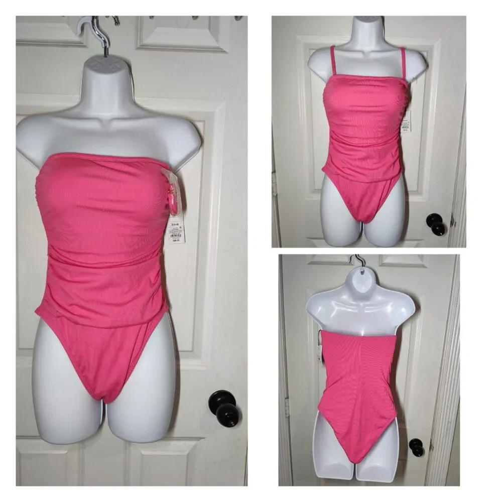 Shade‎ & Shore Pink Ruched Ribbed Convertible One-Piece Swimsuit M 8-10 NWT
